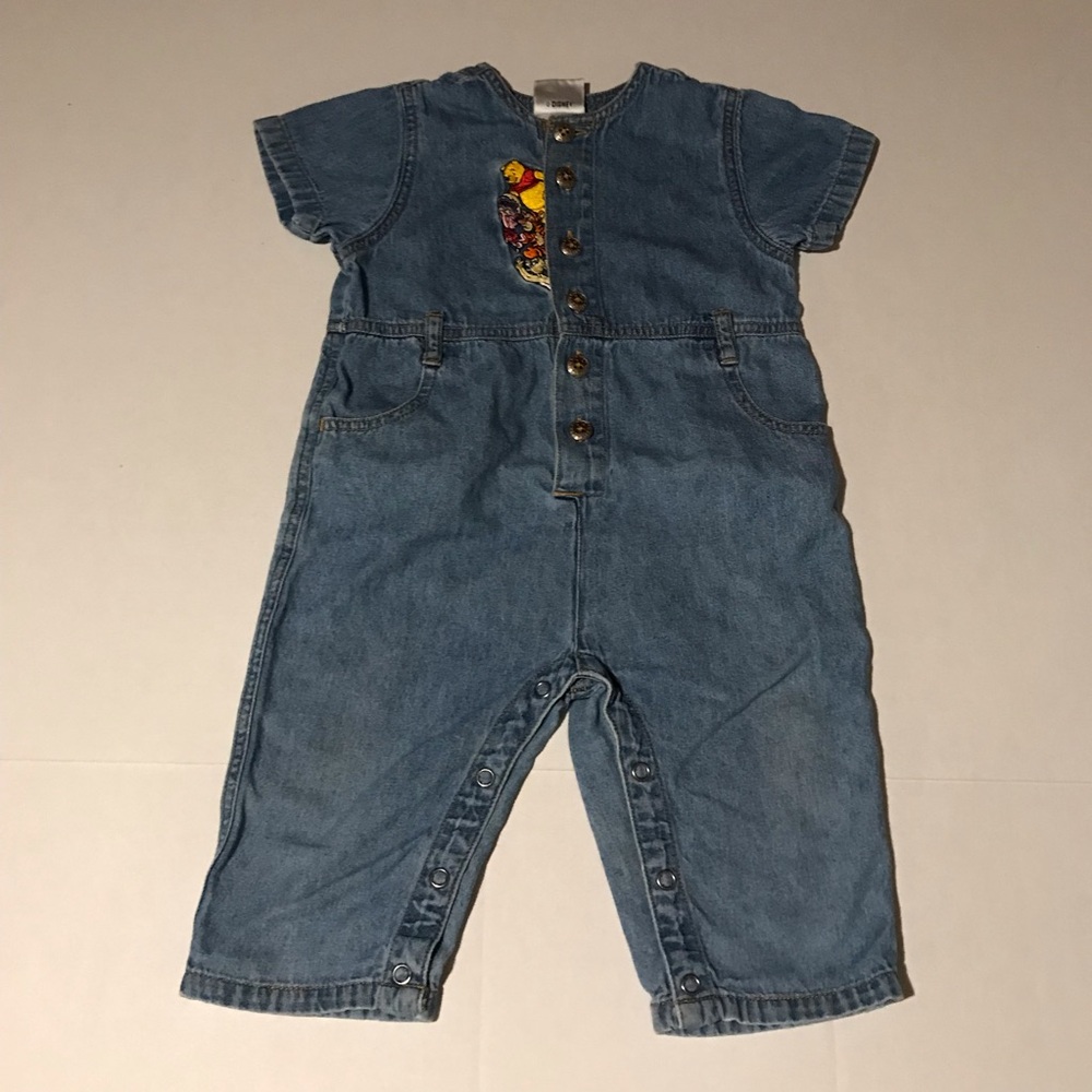 Vintage The Disney Store Patchwork Denim Romper Jumpsuit Baby Girl Size 12M